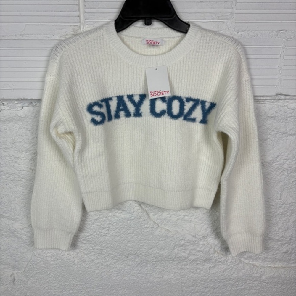 NWT MINI Society White & Blue Crew Neck half cropped STAY COZY Sweater SZ M